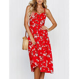 Summer  New Women's Dresses, Long Floral Print, Bohemian Dresses, V-neck Button Sleeves, Beachwear, Casual Wear