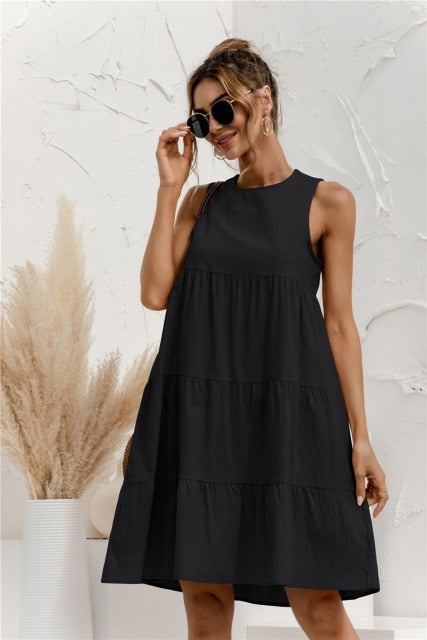 2022 Summer Women Vest Dress Cotton O-Neck Sleeveless Solid Midi Dress Stitching Large Swing Casual Loose Sundress Vestidos