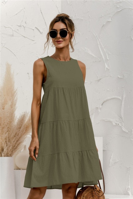 2022 Summer Women Vest Dress Cotton O-Neck Sleeveless Solid Midi Dress Stitching Large Swing Casual Loose Sundress Vestidos