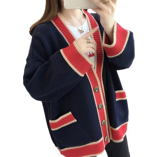 2021 Women's Cardigan Knitted Stripe Sweater Long Sleeve V-neck Casual Knitwear Coat