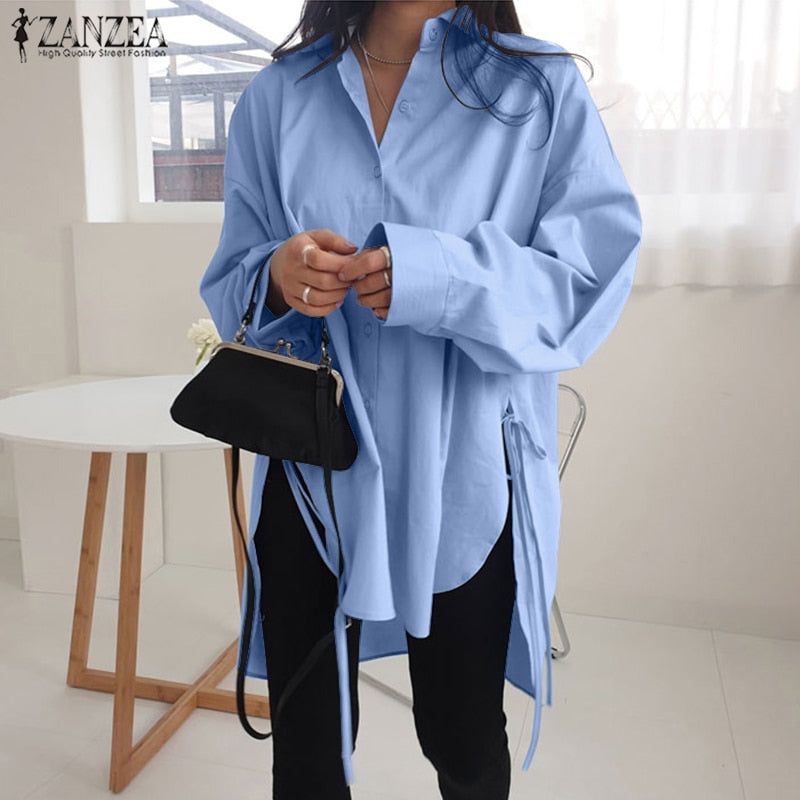 Stylish Solid Shirts Women's Asymmetrical Blouse 2021 ZANZEA Casual Lace Up Blusas Female Button Lapel Shirt Oversized Tunic