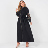 Ladies Fashion Resort Small Stand Collar Floral Embroidery Long Sleeve Loose Belt Sweet Elegant Woman Black Party Maxi Dress L-4XL