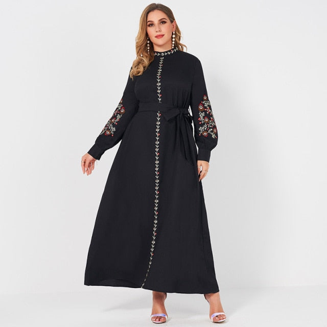 Ladies Fashion Resort Small Stand Collar Floral Embroidery Long Sleeve Loose Belt Sweet Elegant Woman Black Party Maxi Dress L-4XL