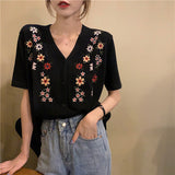 Woman TShirts Summer V-neck Embroidery Knitted Cardigan Women's Embroidered Top Crop Top Mujer Camisetas