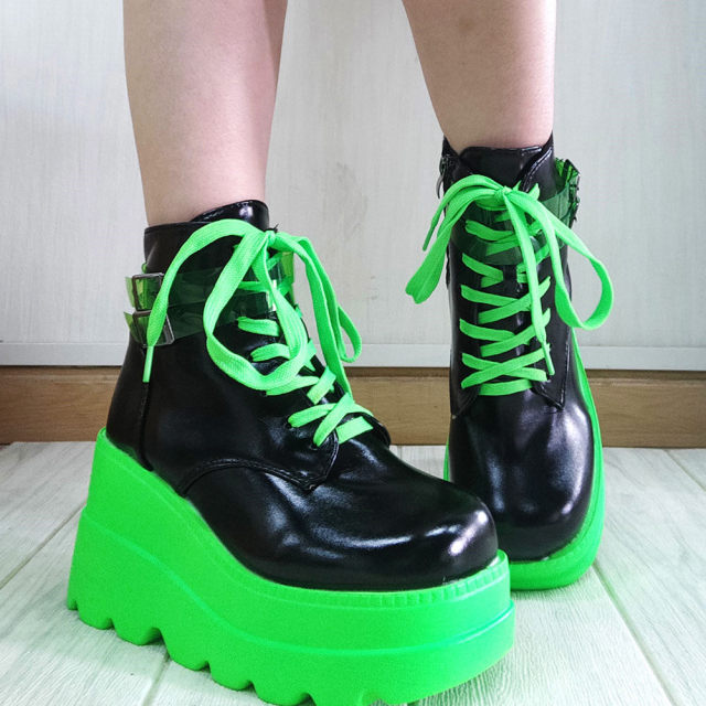 Brand New Big Sizes 43 Gothic Green Platform High Heels Cosplay Fashion Autumn Winter Wedges Halloween Shoes Ankle Booties Women