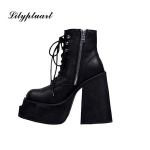 European and American Fashion Round Toe Zipper Women's Shoes Super High Thick Heel Leather Ankle Boots Womens Platform Heels