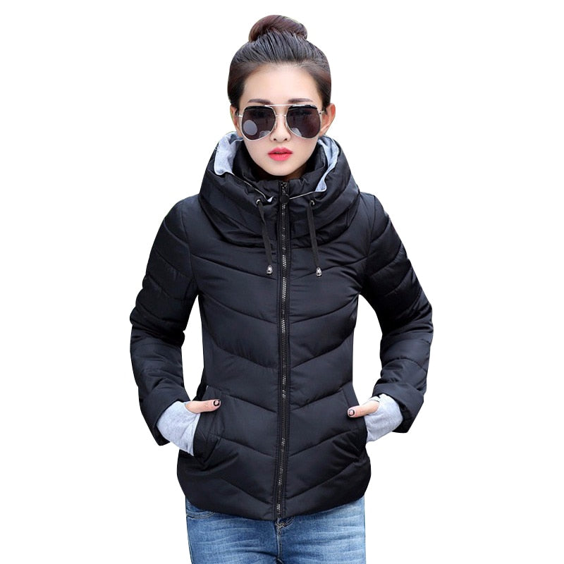 2021 Winter Jacket women Short Womens Parkas Thicken Outerwear solid hooded Coats Zipper Female Slim Cotton padded basic tops
