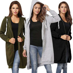2021 Autumn Casual Women Long Hoodies Sweatshirt Coat Zip Up Outerwears Hooded Jacket Winter Pockets Outwear Tops