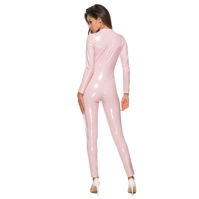 Matteobenni 2021 Women Faux Leather Catsuit PVC Latex Bodysuit Front Zipper Open Crotch Jumpsuits