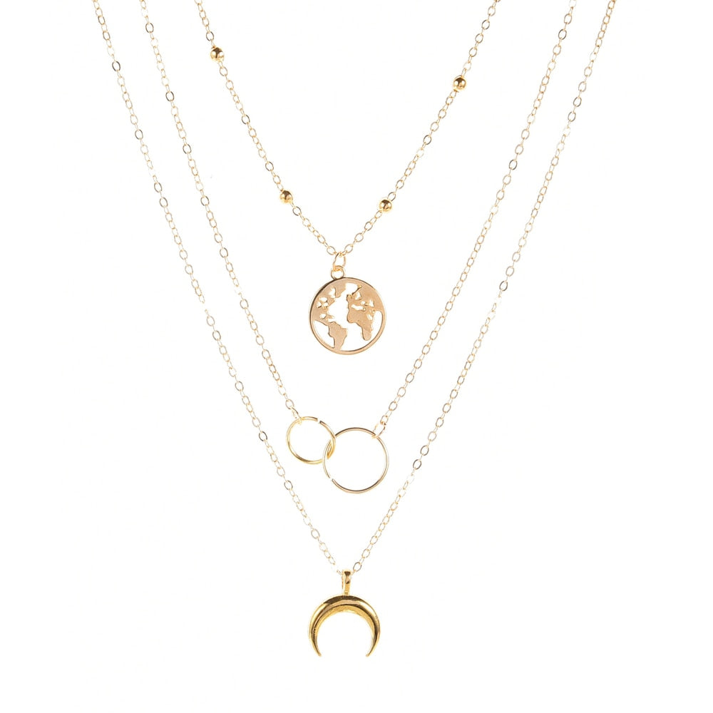 2021 New Fashion Retro Moon World Map Circle Pendant Multilayer Gold Color Necklace
