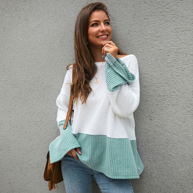 Casual Loose Women Sweater Solid O-Neck Flare Sleeve Patchwork Spring Autumn Office Lady Sweater Woman Clothes W284