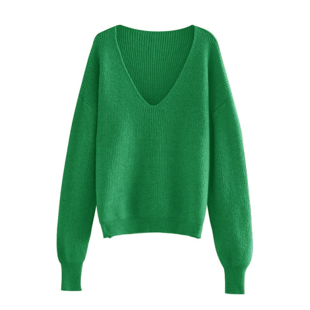 Toppies 2021 Sexy Deep v-neck Sweater Off Shoulder Sweater Green White Knitted Tops Korean Winter Clothes
