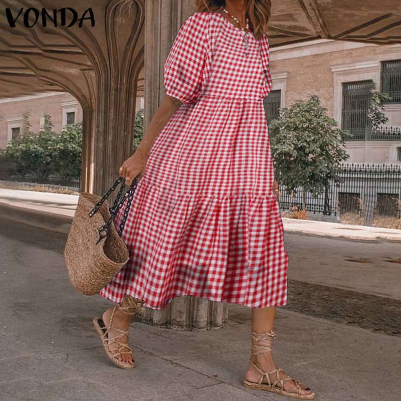 Summer Dress VONDA Women Casual Short Sleeve  Vintage Plaid Printed Sundress Loose Pleat Mid-Calf Dresses Femme Party Robe