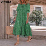 Summer Dress VONDA Women Casual Short Sleeve  Vintage Plaid Printed Sundress Loose Pleat Mid-Calf Dresses Femme Party Robe