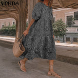 Summer Dress VONDA Women Casual Short Sleeve  Vintage Plaid Printed Sundress Loose Pleat Mid-Calf Dresses Femme Party Robe