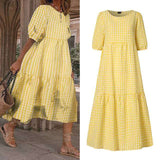 Summer Dress VONDA Women Casual Short Sleeve  Vintage Plaid Printed Sundress Loose Pleat Mid-Calf Dresses Femme Party Robe