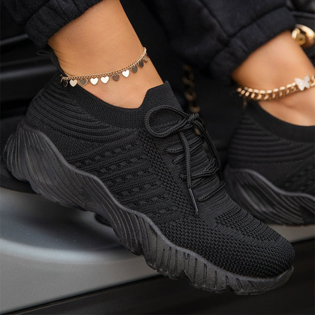 Women's Sneakers Breathable Knitted Casual Women Socks Shoes Lace up Ladies Flats Female Spring Vulcanized Running Shoes