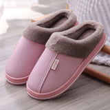 PU Waterproof Slippers Women Men Winter Plush Keep Warm Flat Home Shoes Woman Soft Comfort Female Shoes Sewing Interior Slipper