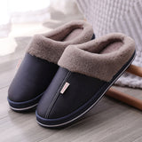 PU Waterproof Slippers Women Men Winter Plush Keep Warm Flat Home Shoes Woman Soft Comfort Female Shoes Sewing Interior Slipper