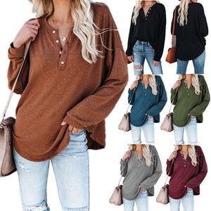 Autumn Solid Color Button Open-neck T-shirt New Round Neck Long-sleeved Top Fashion Loose Plus Size Ladies Long-sleeved Top