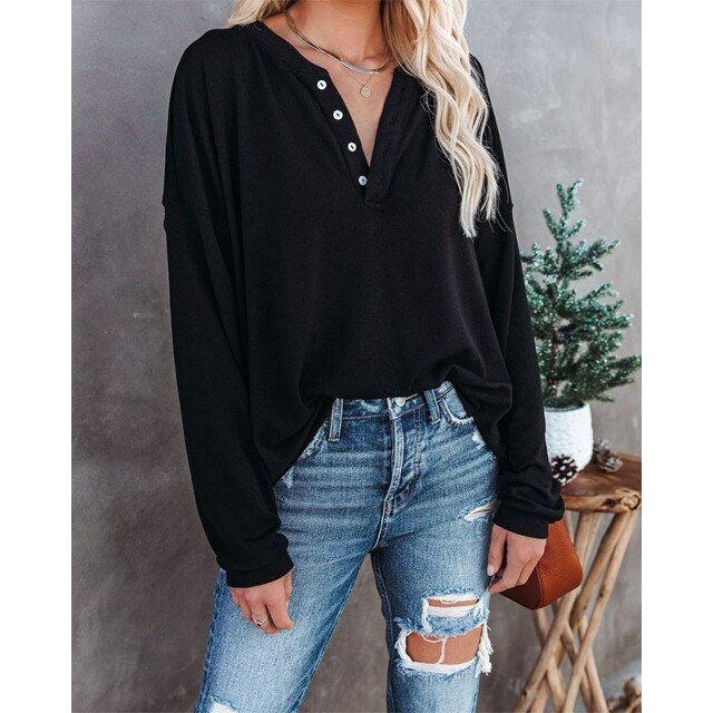 Autumn Solid Color Button Open-neck T-shirt New Round Neck Long-sleeved Top Fashion Loose Plus Size Ladies Long-sleeved Top