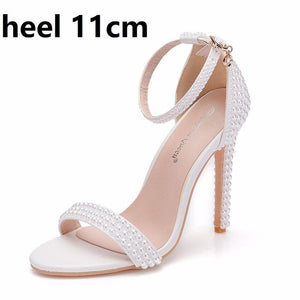 Crystal Queen Bride Wedding Shoes Fashion White Stiletto Woman Ankle Strap Party Dress Sandals Open Toe High Heels Pumps Female